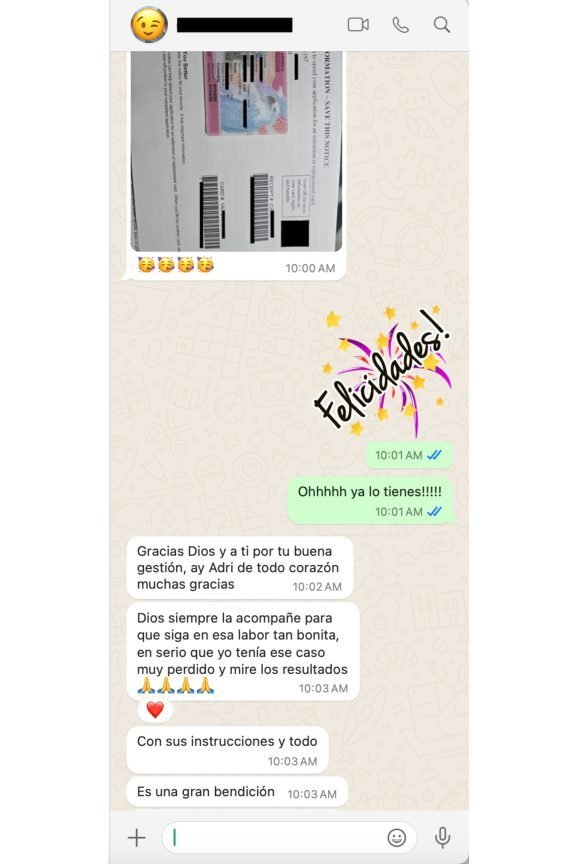 Mensaje de agradecimiento de un cliente de Conecta Immigration